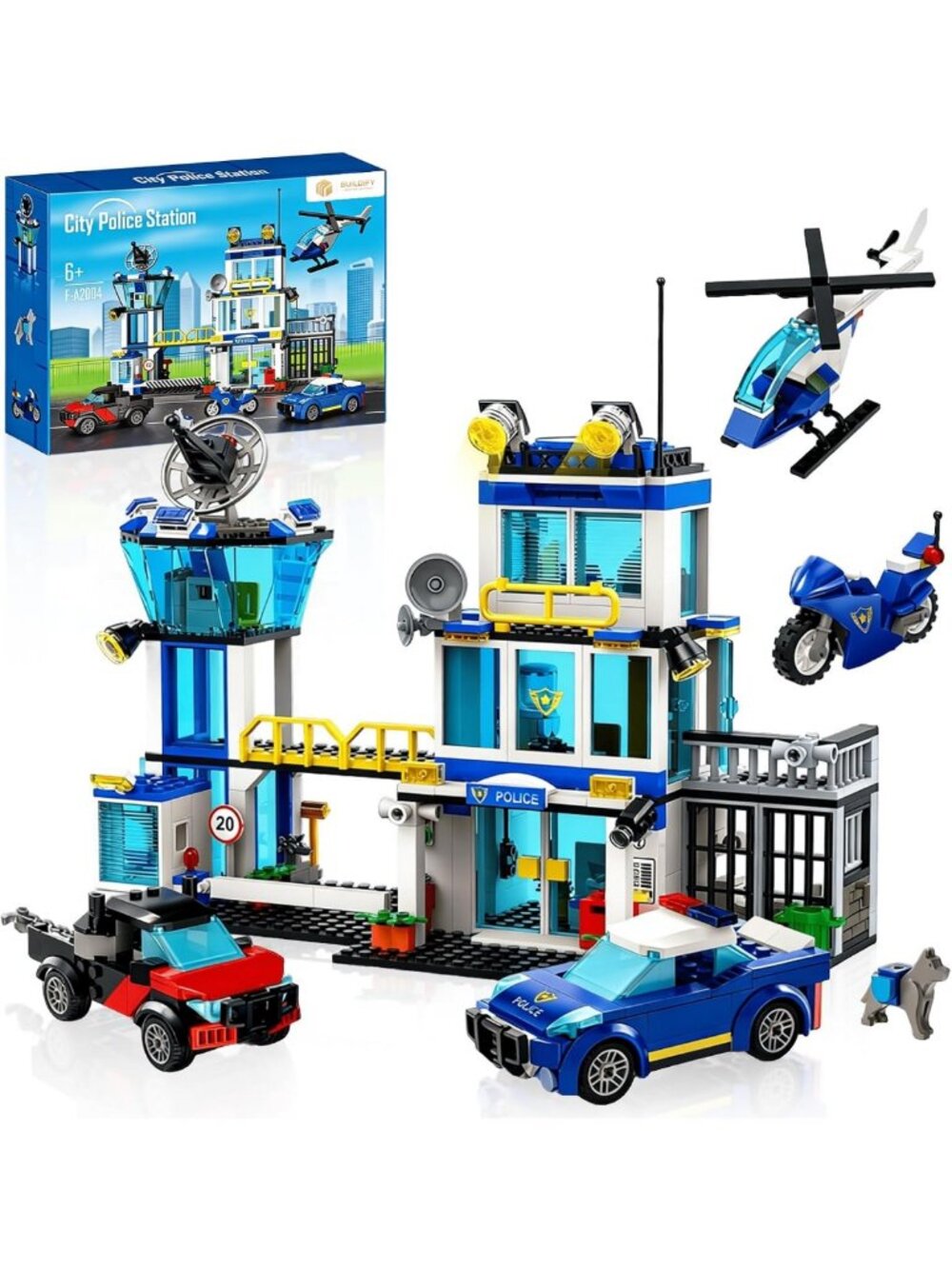City Police Station Building Block Set with Lights, 634 PCS, Helicopter & Cars